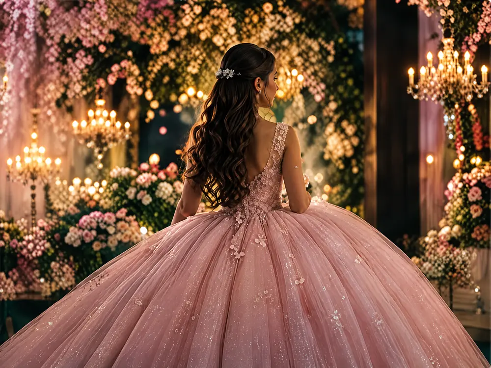 Quinceañera con vestido rosado de tul en una fiesta de 15 años decorada por Cattleya Eventos