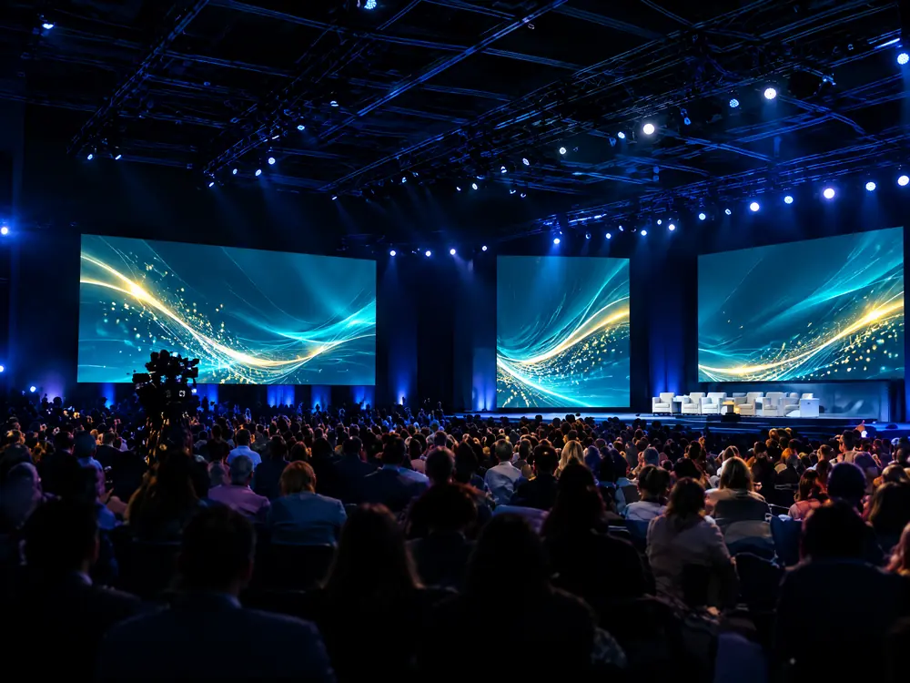 Evento corporativo con auditorio lleno y pantallas LED, producido por Cattleya Eventos en Bogotá