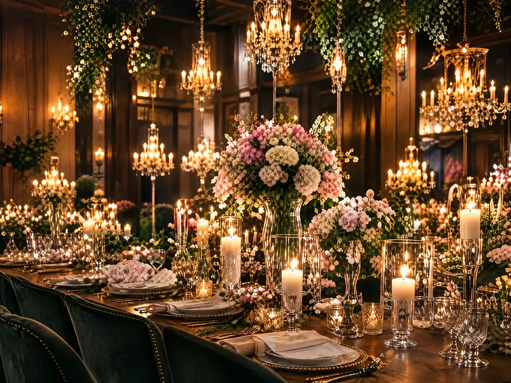 Mesa social decorada con candelabros, velas y arreglos florales por Cattleya Eventos